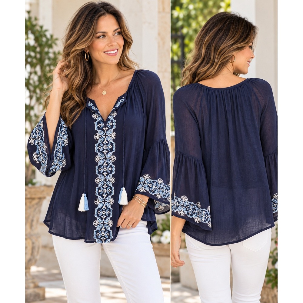 NEW Karen Kane Newport Navy Embroidered Tassel Top Bell Sleeve Blouse 1X